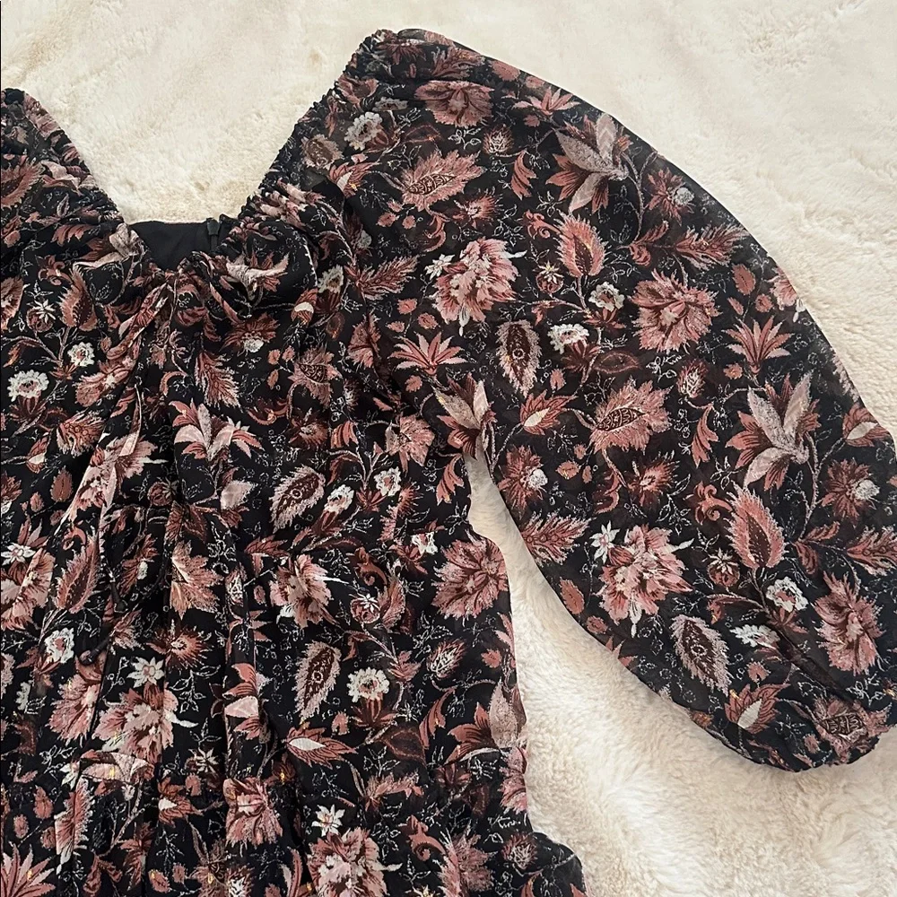 Madewell Black Floral Puff-Sleeve Dress with Pink, Maroon and Cream Blooms, 12 - Picture 4 of 16
